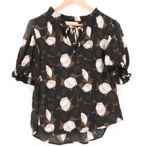 Rose Olive Floral Puff Sleeve Blouse Top Black Brown White Career Office Size L